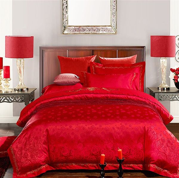 embroidered red wedding bedding set luxury chinese satin jacquard red king size sheets