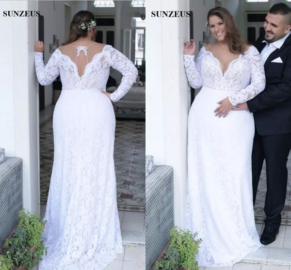 

modest plus size sheath wedding dresses full lace long sleeves deep v-neck bridal gowns custom made vestidos de novia, White