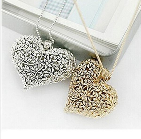 

wholesale-european and american retro hollow carved jewelry wild peach heart long necklace 4nd89, Silver