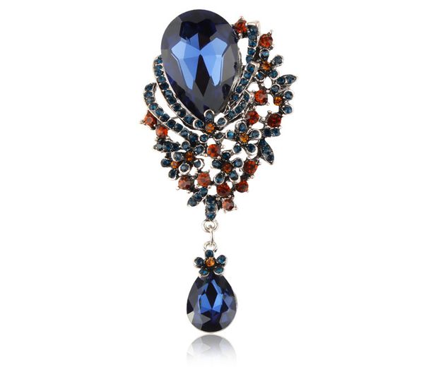 

european american new style 3.5 inch classic antique tear drop muticolor rhinestone crystal wedding bridal brooch pin, Gray