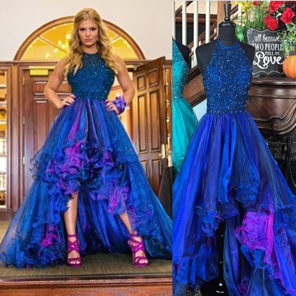 

sparkly beading halter neckline organza ruffles front short long back prom dresses two stones high low evening dress, Black