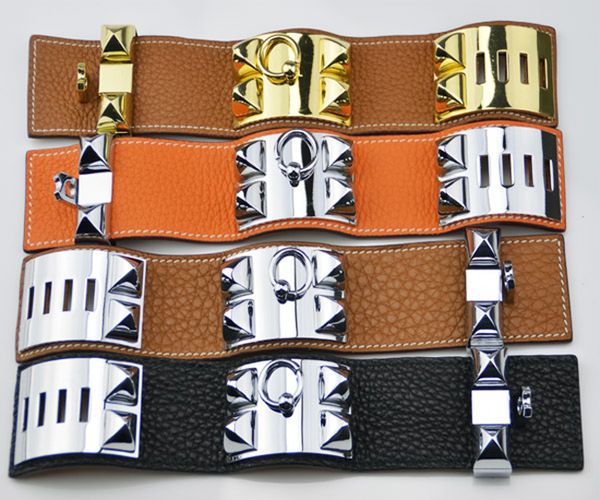 

low price wholesale foreign trade h litchi real leather four nailing rivet leather bracelet exaggerated punk wind broadside bracelet, Golden;silver