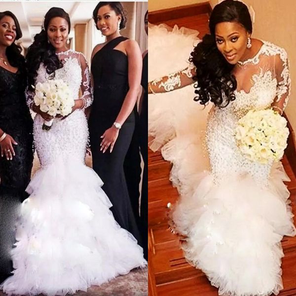 

african long sleeves plus size wedding dresses sheer neck lace major beading mermaid wedding dress long train tiered vintage bridal gowns, White