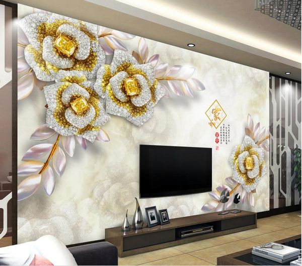 

classic 3d european style 3d stereo luxury gold gem flower jewelry background wall