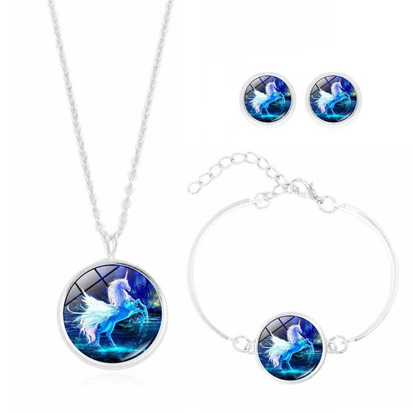 

5set necklace earring and bracelet set with silver plated unicorn shaped glass cabochon vintage jewelry set for children, Red;brown
