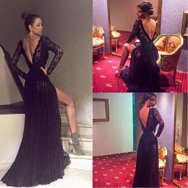 2017 Long Sleeve Black Lace Sexy Prom Dresses Slit Open Back Fashion New Evening Gowns Floor Length Vestidos Longos De Festa Noite Asian Prom Dresses