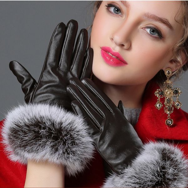 

wholesale- 2016 beautiful fur ball pu glove winter woman' leather glove brand designer, Blue;gray