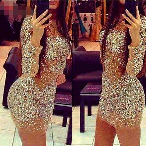 

2019 sparkly formal party dress transparent nude transparent beaded crystal long sleeve mini short cocktail dresses elegant, Black