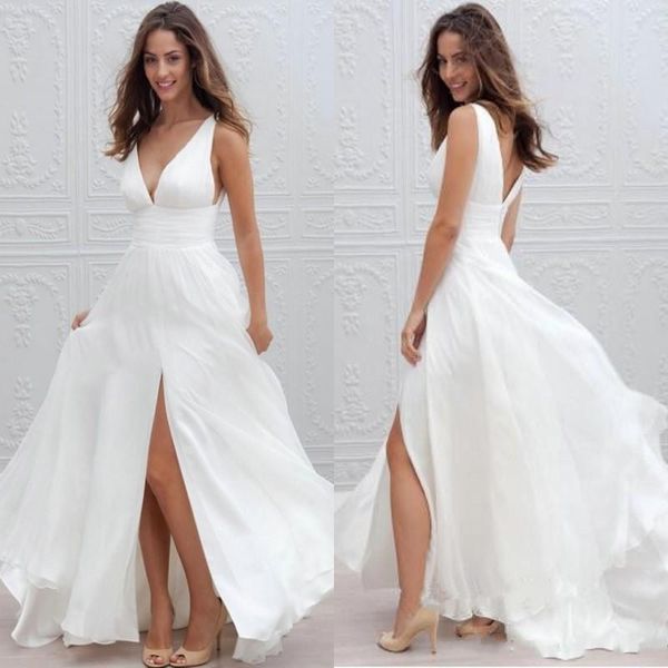 

2020 new summer beach boho wedding dresses a line v neck split long chiffon bridal gowns bohemian 332, White