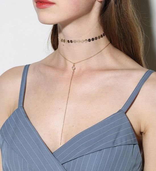 

women necklace 2 layered choker chains charm gold /silver tone sequined necklace fashion jewelry for girls /ladies, Golden;silver