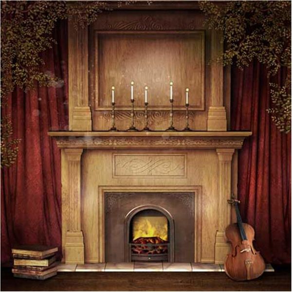2020 Red Curtain Fireplace Photography Backdrops Christmas Guitar