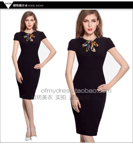 

лето новое прибытие элегантный о-образным вырезом с коротким рукавом платья bow slash тонкий черный драпированный bodycon платье молния спли, Black;gray