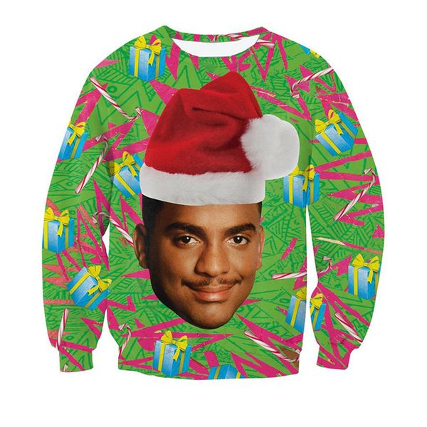 

wholesale- carlton crewneck sweatshirt women men christmas sweatshirt fresh prince of bel-air with christmas hat print funny 3d sweatshirts, Black