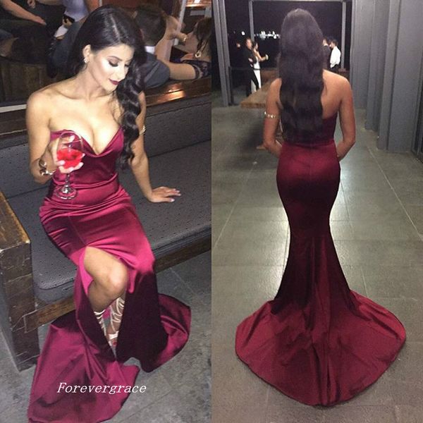 

sweetheart burgundy mermaid long prom dress side slit satin formal evening party gown custom made plus size, Black