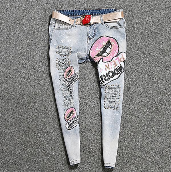 

wholesale- lips sequins beading slim skinny jeans for women casual female pattern trousers women's jeans femme ripped pants c069, Blue