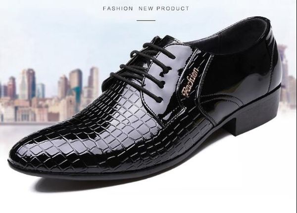 

british style pointed men dress shoes breathable crocodile texture men pattern shoes fashion lace ups flats, Black
