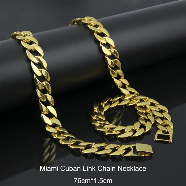 18K твердого золота покрытием Майами кубинский звено цепи ожерелье хип-хоп Bling Bling снаряженном состоянии ювелирные изделия певица Rocker для мужчин женщин 76 см*1.5 см
