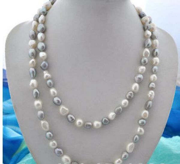 

50" 9-10 mm baroque white gray freshwater pearl necklace, Silver