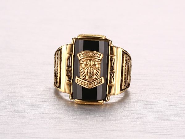 

men's rock punk ring gold color large red cz stone ring jewelry 1973 lion head party rings for men, Golden;silver