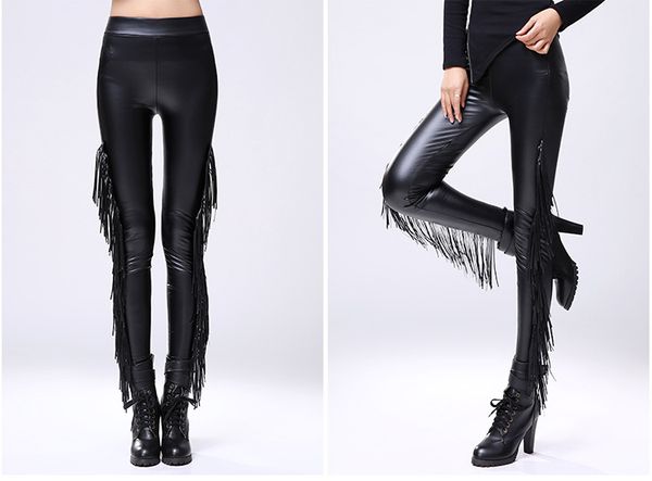 Yeni Tasarım Kadınlar Sonbahar Kış Seksi Bodyon Tassel Fringe Pat Pat Deri Tunik Taytlar Plus Velvet Tayt Pantolon Elastik Bel