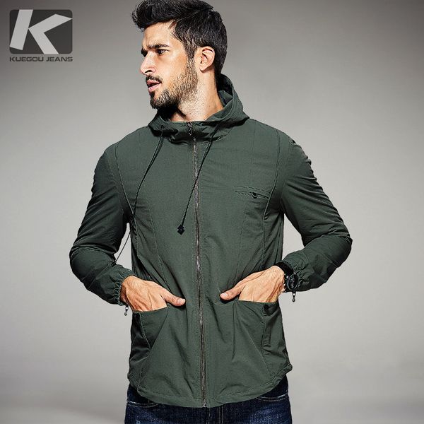 

wholesale- kuegou 2017 spring mens casual trenchs green grey hooded coats brand clothing man's slim overcoats male windbreaker jackets, Tan;black