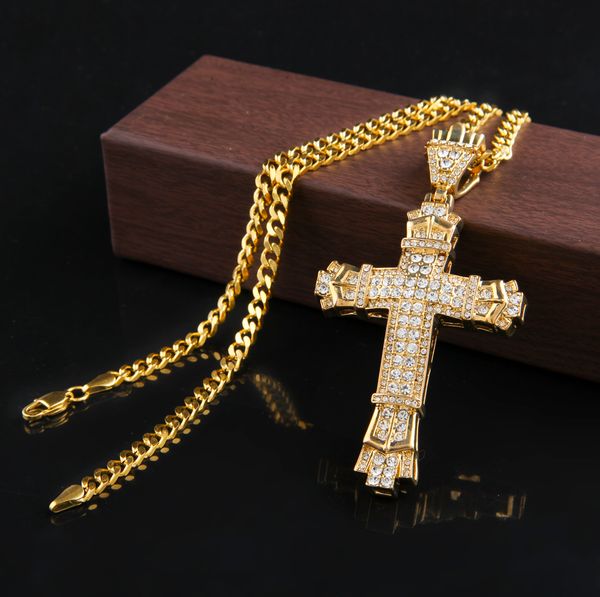 

2016 Retro Gold Cross Charm Pendant Full Ice Out CZ Simulated Diamonds Catholic Crucifix Pendant Necklace With Long Cuban Chain