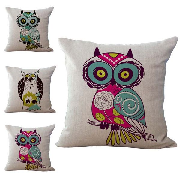 Cute Bird Owl Pillow Case Cushion Cover Linen Cotton Throw