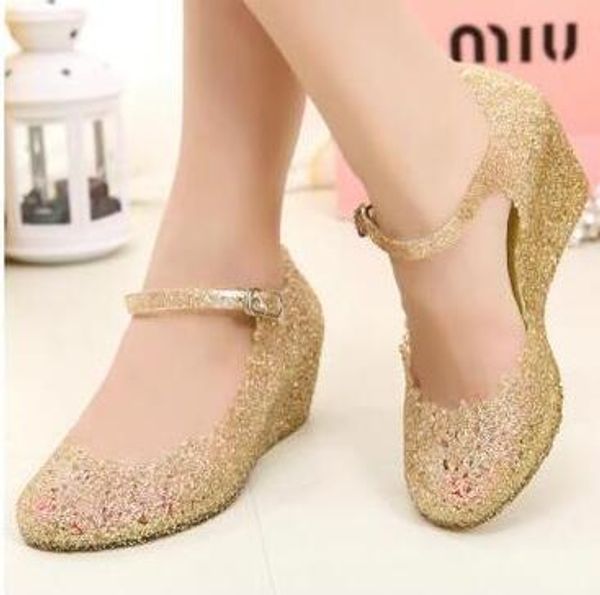 

new summer girls wedge jelly shoes beach comfortable women sandals wedges sandals high heels glass slipper jelly shoe, Black