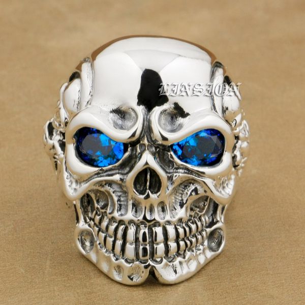

linsion 925 sterling silver titan skull blue cz stone eyes mens biker punk ring sterling-silver-jewelry 8v305 us size 7~15, Golden;silver