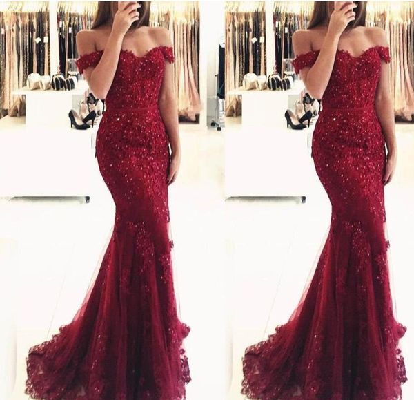 

new elegant off the shoulder beaded mermaid prom dresses 2017 short sleeves lace appliques floor length formal evening wear custom made, Black
