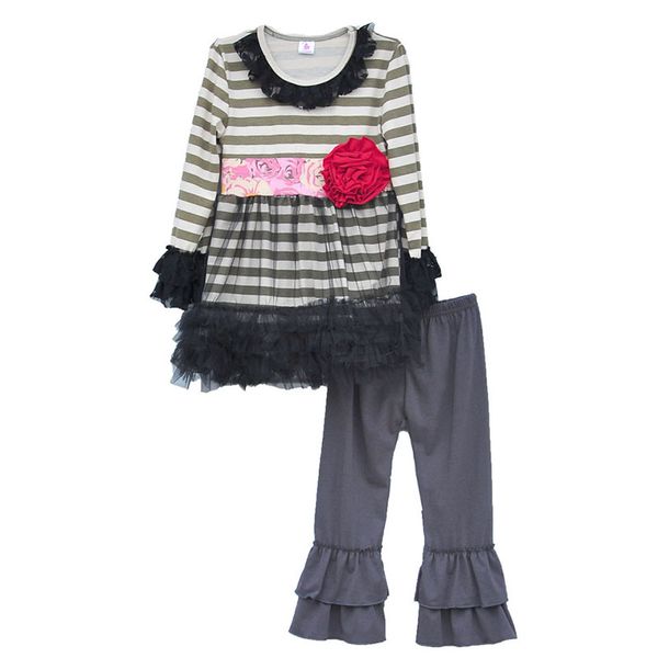 

wholesale- persnickety remake spring girls clothes striped tunic dresses flower deco kids outfits ruffle pants children clothing sets f011, White