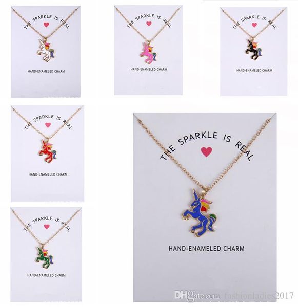 

2017 new dogeared necklace with card rainbow unicorn colored glaze horses pendant noble and delicate silver choker valentine day gift