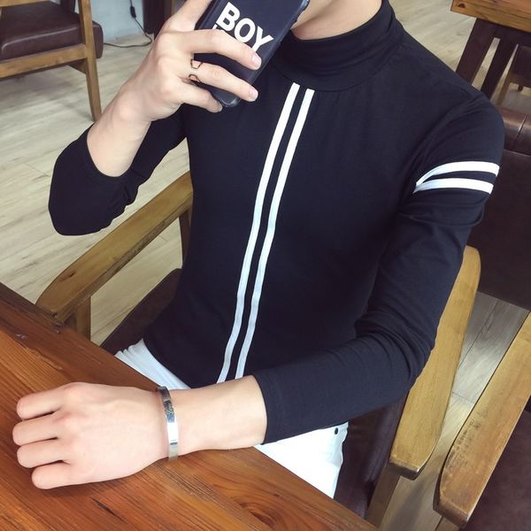 

горячая 2017 осень мужская футболка новая мода водолазка полосатый с длинным рукавом футболка мужская одежда тенденция повседневная slim fit, White;black