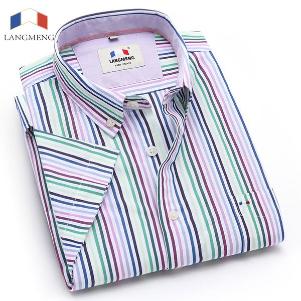 

wholesale- langmeng 2017 brand mens 100% cotton short sleeve striped shirt men camisa masculina casual slim mens dress shirts chemise homme, White;black