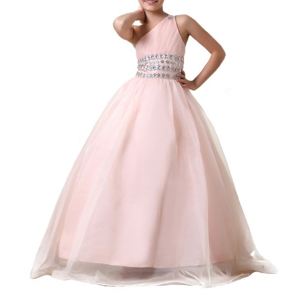 

one shoulder organza lace up ball gown cute little flower girl dress floor length hand made flowers bows kids prom birthday dress 94, White;blue