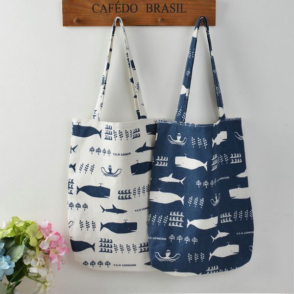 

wholesale- yile 2 layer with cotton lining cotton linen shopping tote carrying shoulder bag print whale ocs sea life 804