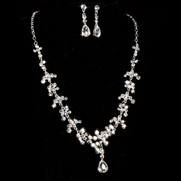 

romantic water drop-shaped alloy diamond bridal necklace earrings jewelry two pieces of bridal ornaments 2018 bridal rhinestone accessories, Silver
