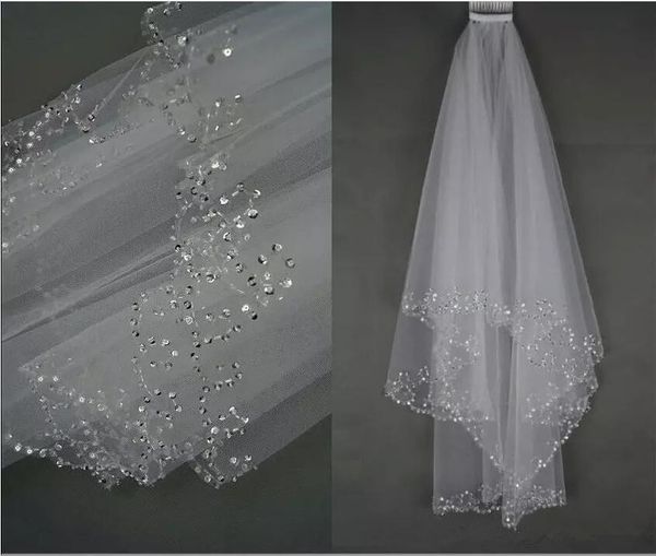 

Hot Sale White/Ivory Wedding Bridal Veil Two Layer Handmade Sequins Beaded Edge Bridal Accessories Hair Veil With Comb