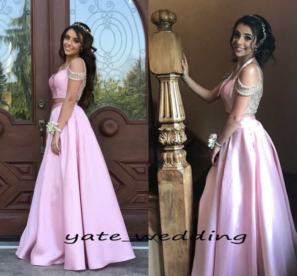 

pink two piece prom dresses 2018 sweetheart beaded cap sleeves satin floor length two-piece homecoming dresses sweet graduation dress, Black
