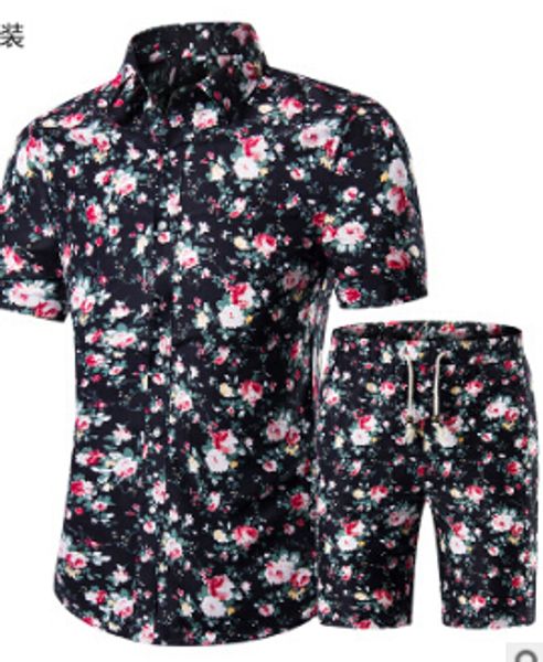 

men shirts+shorts set new summer casual printed hawaiian shirt homme short male printing dress suit sets plus size cqkf, White;black