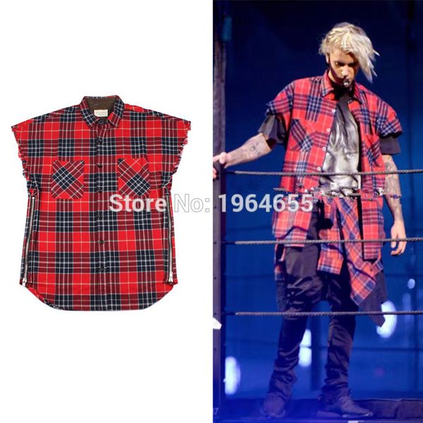 

wholesale- 2017 new scotland red grid stripe side open zipper men shirts hiphop fashion casual cotton shirt, White;black