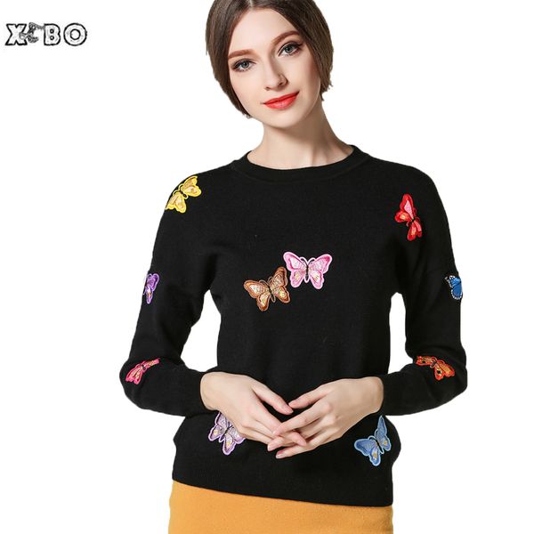 

wholesale-2016 casual spring autumn winter women work office pullover slim knitted sweaters long sleeve embroidered butterfly sweater, White;black