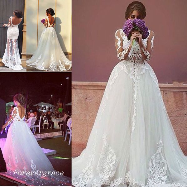 A linha de Modest branco elegante Tulle do vestido de casamento apliques de mangas compridas Vestido de Noiva Custom Made Plus Size