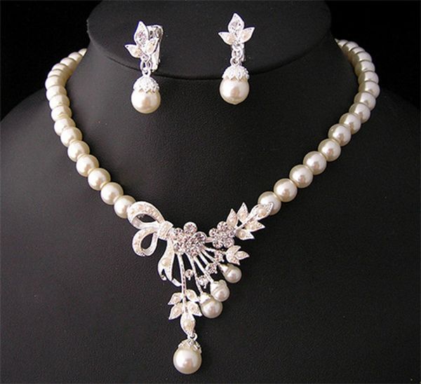 

cream faux pearl rhinestone crystal wedding necklace and earrings jewelry sets, Slivery;golden