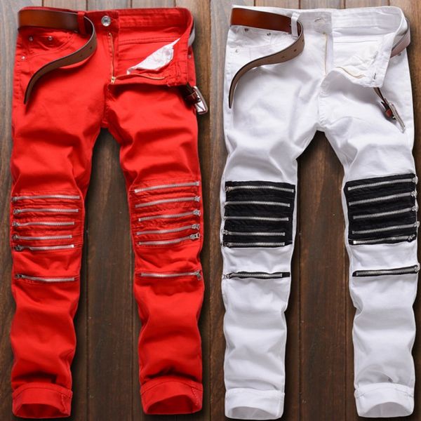 

wholesale- wholesale & retail new male club jeans red white knee multi zipper men brand slim motorcycle biker jean denim pants homme, Blue