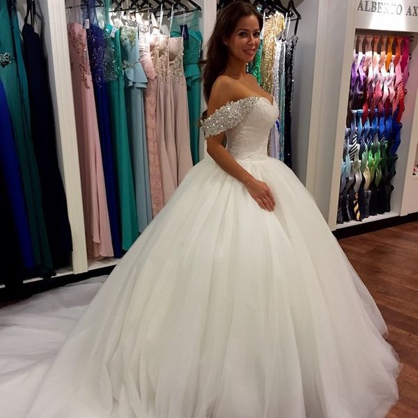 

new sweetheart beadings off-shoulder organza wedding dress ball brides gowns country wedding dress 2019 chapel train bridal gown, White