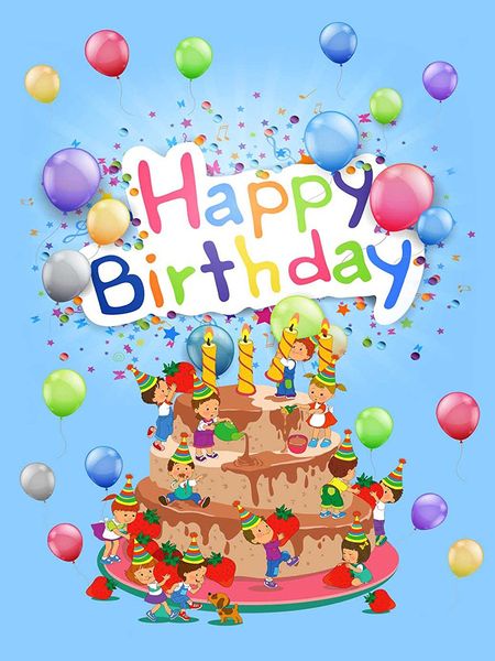 Hellblauer Happy Birthday-Fotografie-Hintergrund, bunte Luftballons, 3 Schichten, Schokoladenkuchen, Erdbeere, Kinder, Kinder, Fotostudio-Hintergründe