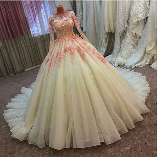 

new long sleeve ball gown wedding dress colorful tulle handmade flowers faerie princess custom made bridal vestidos winter see through, White