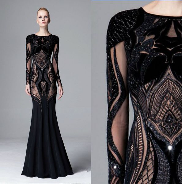 

zuhair murad платья вечернее платье с длинными рукавами jewel шея черное платье с блестками пром длина пола русалка кружева формальные плать, Black;red