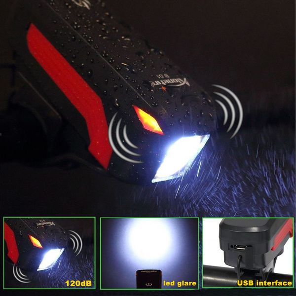 Alonefire lighting bike light headlight led bright front bicycle light USB rechargeable 350 lumen lights 4 mode 5 type horn touch button water resistant to outdoor sports safety cycling night ride